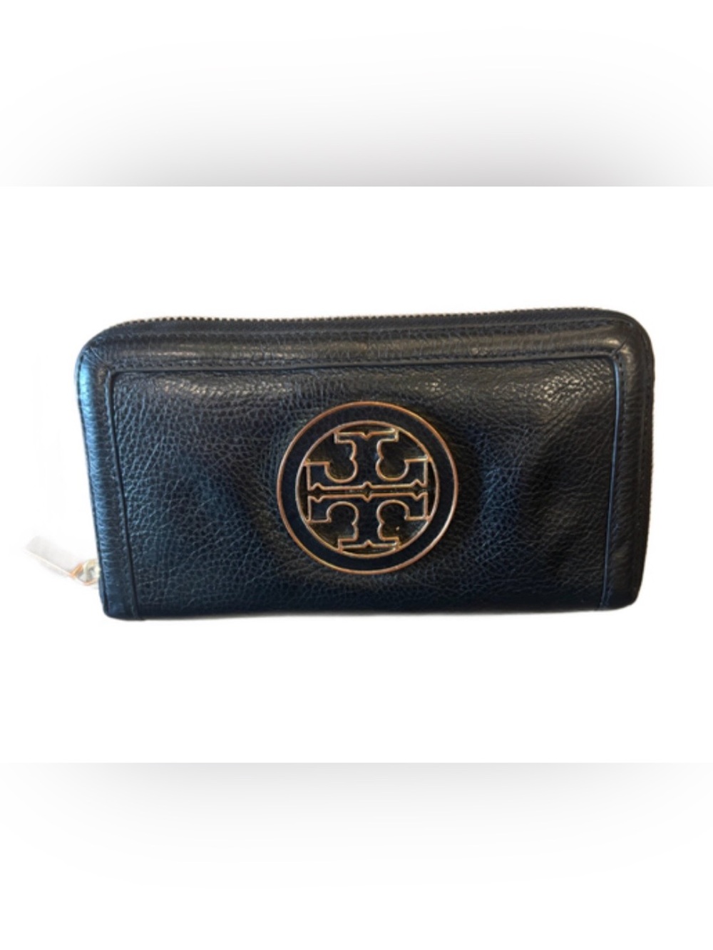 TORY BURCH- Black Leather Zip Clutch wallet with Gold Logo
